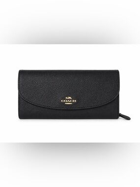 COACH Black Saffiano Leather Continental Envelope Wallet with Gold Logo
